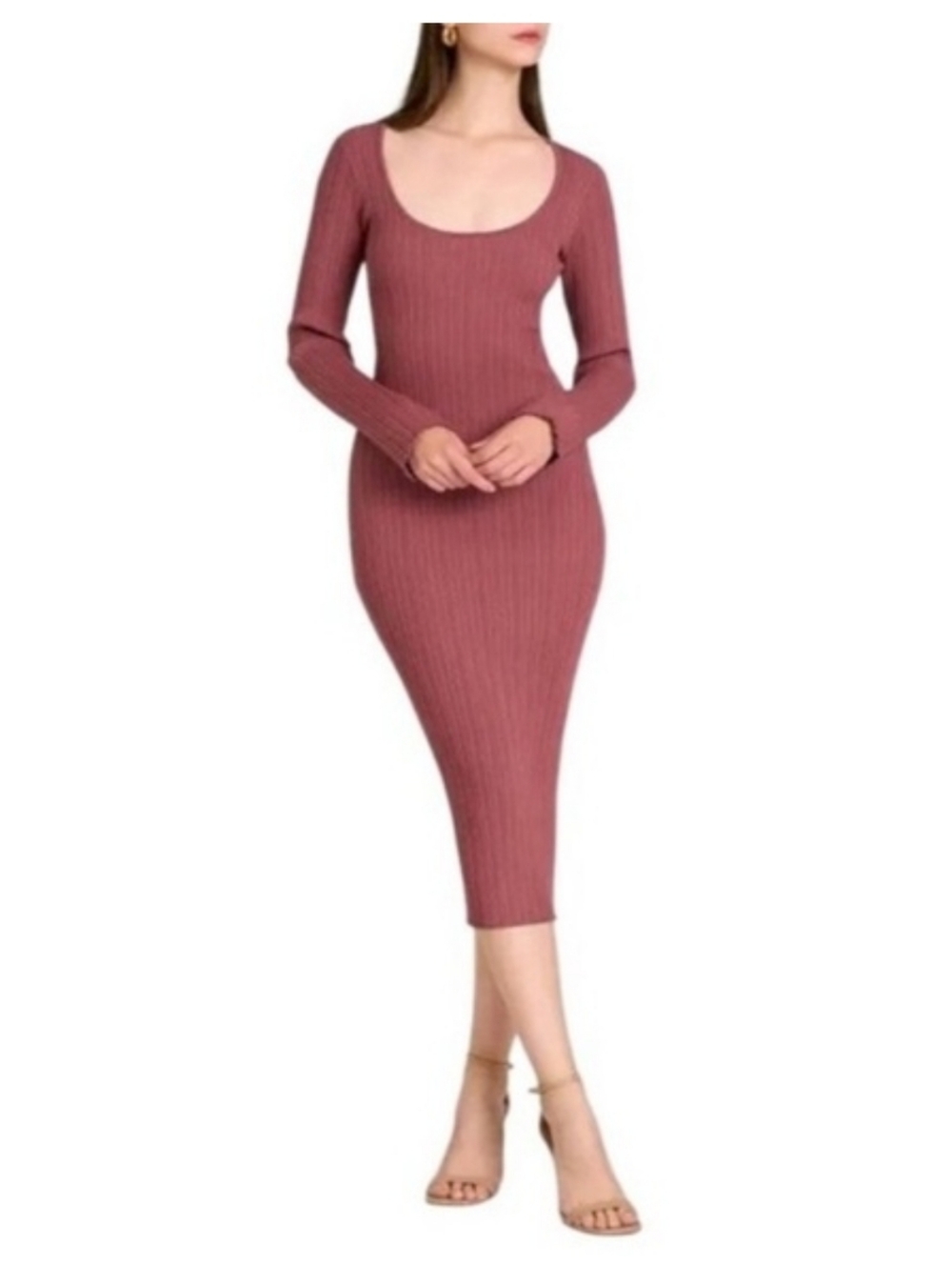 Ribbed Scoop Neck Long Sleeve Midi Dress - Dusty Rose - Medium